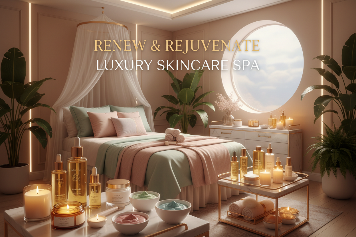 give me a 4d branded and colourful skincare spa with someone be treated with some skincare facial products as banner